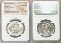 SASANIAN KINGDOM. Khusro II (AD 591-628). AR drachm (32mm, 3h). NGC Choice AU. Bust of Khusro II right, wearing mural crown with frontal crescent, two...