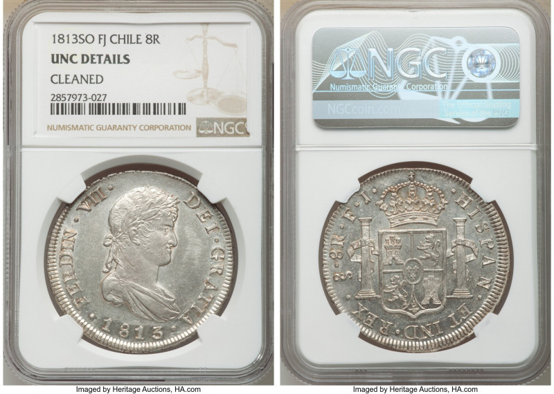 Ferdinand VII 8 Reales 1813 So-FJ UNC Details (Cleaned) NGC, Santiago mint, KM80...