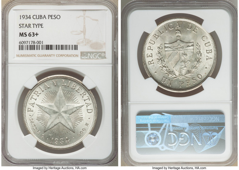 Republic "Star" Peso 1934 MS63+ NGC, Philadelphia mint, KM15.2. Star type. Pearl...