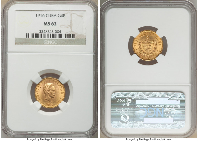 Republic gold 4 Pesos 1916 MS62 NGC, Philadelphia mint, KM18. AGW 0.1935 oz. 
...
