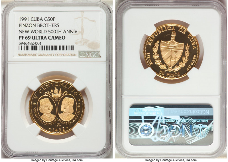 Republic gold Proof "Pinzon Brothers - New World 500th Anniversary" 50 Pesos 199...