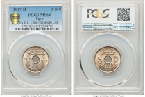 Hussein Kamil 5-Piece Lot of Certified 5 Milliemes AH 1335 (1917)-H PCGS, Heaton mint, KM315. Includes (3) MS64 and (2) MS65. Sold as is, no returns. ...