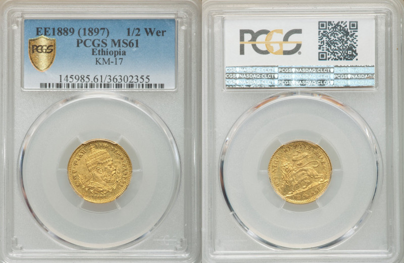 Menelik II gold 1/2 Werk EE 1889 (1897) MS61 PCGS, KM17. AGW 0.1013 oz. 

HID0...