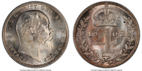 Edward VII 4-Piece Certified Prooflike Maundy Set 1908 PCGS, 1) Penny - PL65, S-3989 2) 2 Pence - PL66, S-3988 3) 3 Pence - PL66, S-3987 4) 4 Pence - ...