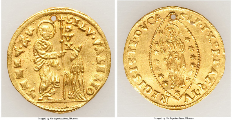 Venice. Silvestro Valier gold Zecchino ND (1694-1700) AU (Holed), KM436, Fr-1354...