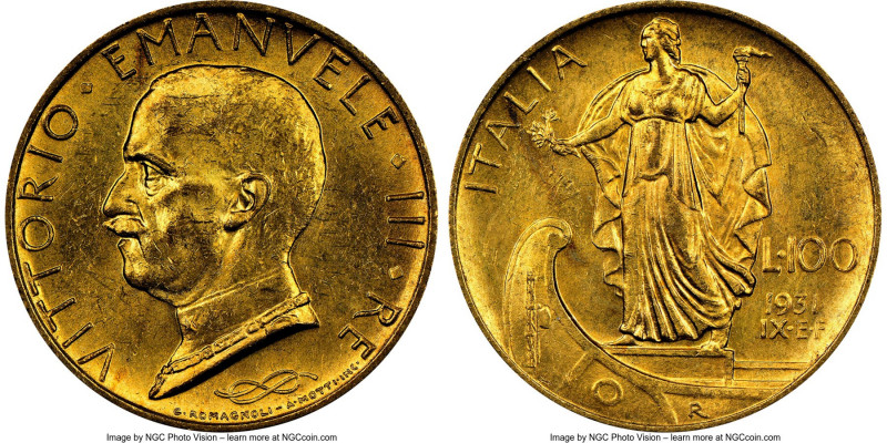 Vittorio Emanuele III gold 100 Lire Anno IX (1931)-R MS62 NGC, Rome mint, KM72. ...