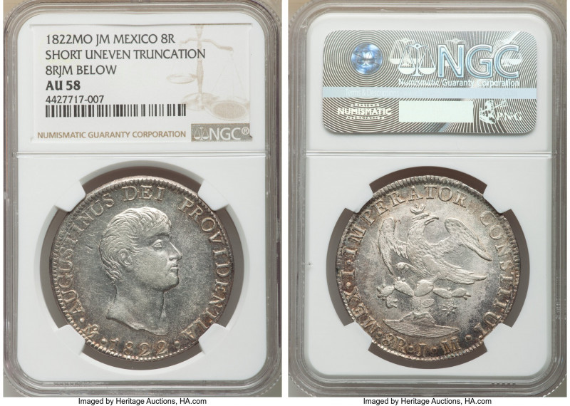 Augustin I Iturbide 8 Reales 1822 Mo-JM AU58 NGC, Mexico City mint, KM310. Short...