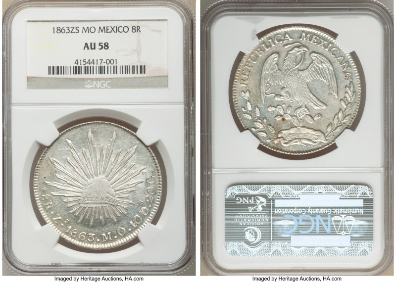 Republic 8 Reales 1863 Zs-MO AU58 NGC, Zacatecas mint, KM377.13, DP-Zs47.

HID...