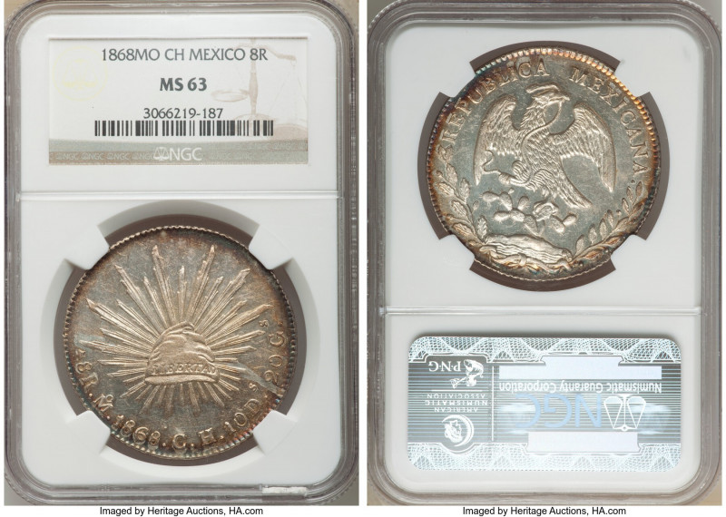 Republic 8 Reales 1868 Mo-CH MS63 NGC, Mexico City mint, KM377.10, DP-Mo55. Attr...