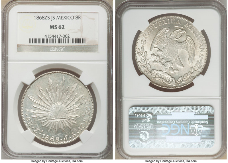 Republic 8 Reales 1868 Zs-JS MS62 NGC, Zacatecas mint, KM377.13, DP-Zs52. Cartwh...