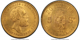 Oscar II gold 20 Kroner 1874 MS62, Kongsberg mint, KM348. Two year type. Light cobalt toning on orange peel surfaces. AGW 0.2593 oz. 

HID0980124201...