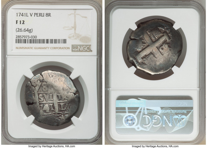 Philip V Cob 8 Reales 1741 L-V F12 NGC, Lima mint, KM34a. 32mm. 26.64gm. Anthrac...