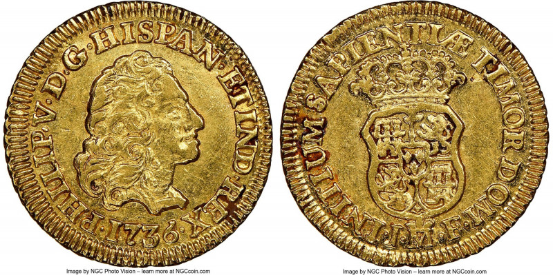 Philip V gold Escudo 1736 M-JF AU55 NGC, Madrid mint, KM342.

HID09801242017
...