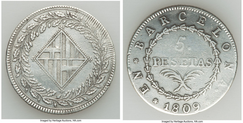 Barcelona. Joseph Napoleon 5 Pesetas 1809 VF (Grafitti), KM69. 38.8mm. 26.74gm. ...
