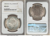 Alfonso XIII 5 Pesetas 1893(93) PG-L MS62+ NGC, Madrid mint, KM700. Light gold toning on obverse with eggplant purple reverse toning. 

HID098012420...