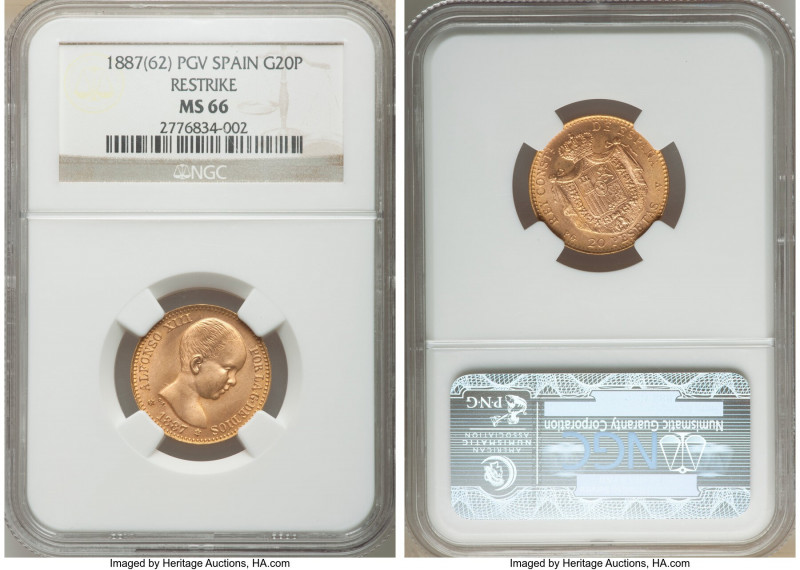 Alfonso XIII gold Restrike 20 Pesetas 1887(62) PG-V MS66 NGC, Madrid mint, KM693...