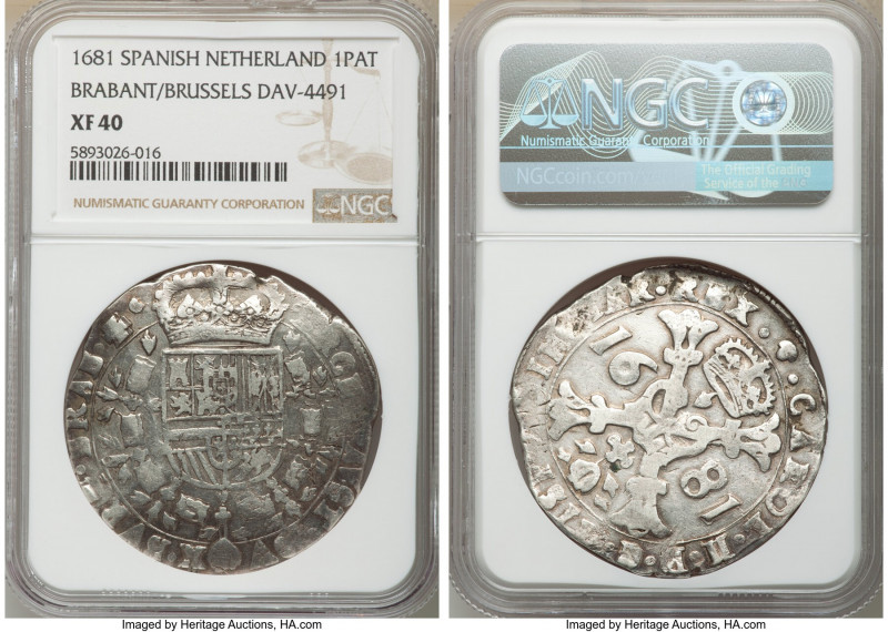 Brabant. Charles II Patagon 1681 XF40 NGC, Brussels mint, KM81.2, Dav-4491. 

...