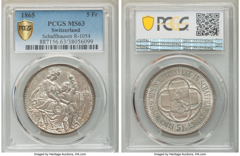 Confederation "Schaffhausen Shooting Festival" 5 Francs 1865 MS63 PCGS, KM-XS8, ...