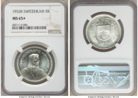 Confederation 5 Francs 1952-B MS65+ NGC, Bern mint, KM26. Mislabeled as 5 R(appen) instead of 5 F(rancs). Satin untoned surfaces with mint bloom luste...