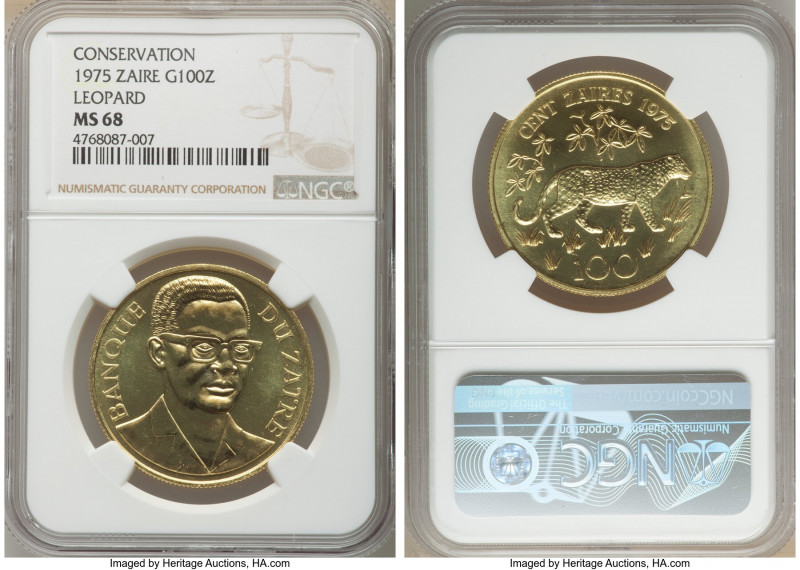 Republic gold "Leopard" 100 Zaires 1975 MS68 NGC, KM11, Fr-1. Mintage: 1,415. AG...