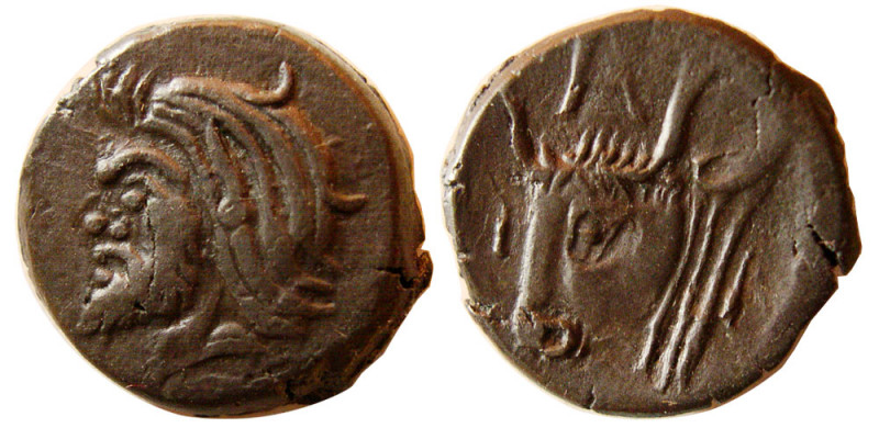 TAURIC CHERSONESE, PANTICAPAEUM. 330-310 BC. Æ (5.34 gm; 18 mm). Head of Pan wit...