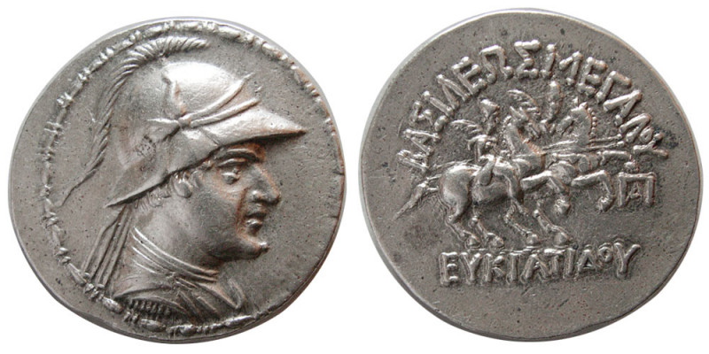 BACTRIAN KINGDOM. Eukratides I. ca. 171-145 BC. Silver Tetradrachm (16.84 gm; 34...