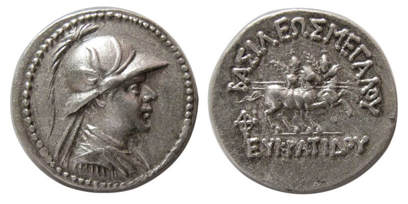 BACTRIAN KINGDOM. Eukratides I. ca. 171-145 BC. Silver Drachm (4.22 gm; 19 mm). ...