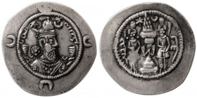 SASANIAN KINGS. Khosrau I. AD. 531-579. Silver Drachm. GD (Jay) mint, year 30.