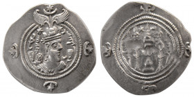 SASANIAN KINGS. Khosrau II. AD. 591-628. Silver Drachm. AM (Amol) mint, year 10.