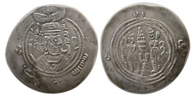 ARAB-SASANIAN, Khusro type with bism allah rabbi, AR dirham.