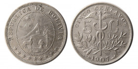 REPUBLIC of BOLIVIA. 1907. Cinco (5C) Centavos.
