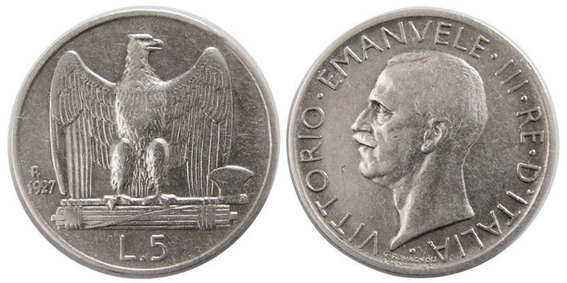 ITALY, Vittorio Emanuele III. 1927. Silver 5 Lire (4.94 gm; 23 mm). KM-67. Choic...
