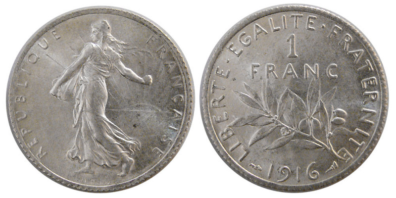 FRANCE, REPUBLIC. 1916. Silver One franc (4.96 gm; 23 mm). Choice UNC. Fully lus...
