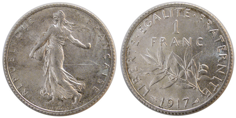 FRANCE, REPUBLIC. 1917. Silver One franc (5.04 gm; 23 mm). Choice UNC. Fully lus...