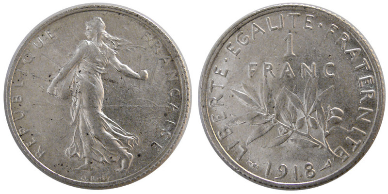 FRANCE, REPUBLIC. 1918. Silver One franc (5.04 gm; 23 mm). Choice UNC. Fully lus...