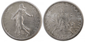 FRANCE, REPUBLIC. 1920. Silver One franc.