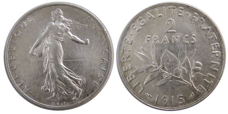 FRANCE, REPUBLIC. 1915. Silver Two francs (10.02 gm; 27 mm). Choice UNC. Fully l...