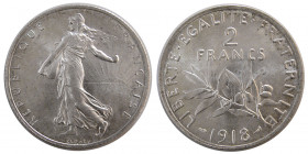 FRANCE, REPUBLIC. 1918. Silver Two francs.