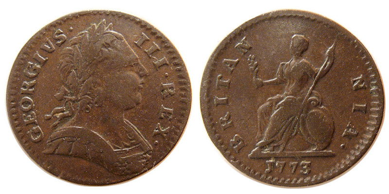 GREAT BRITAIN. George III. AE Farthing (4.54 gm; 24 mm). dated 1773. Nice brown ...