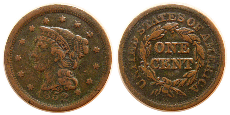 UNITED STATES. 1852. Braided Hair Large Cent (10.00 gm; 27 mm). Dark brown patin...