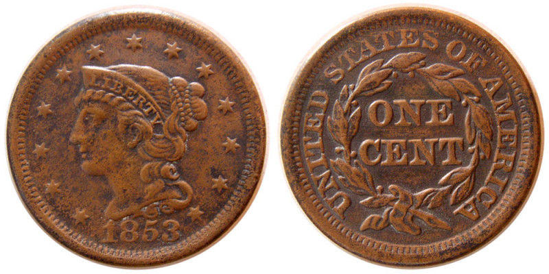 UNITED STATES. 1853. Braided Hair Large Cent (10.32 gm; 27 mm). Brown reddish pa...