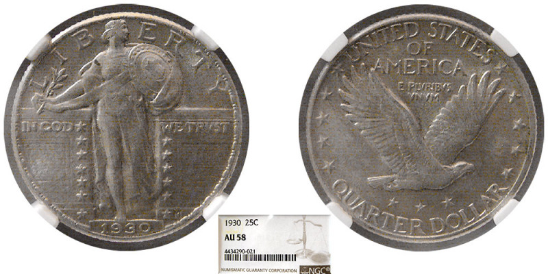 UNITED STATES. 1930. 25 Cents. NGC-AU 58. Certificate # 4434290-021.