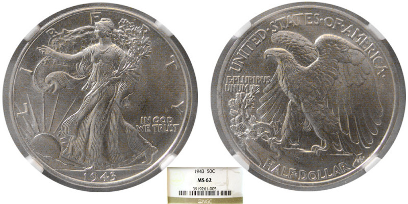 UNITED STATES. 1943. Half Dollar. NGC-MS 62. Certificate # 3919261-005.