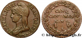 DIRECTOIRE
Type : Cinq centimes Dupré, grand module 
Date : An 7/5 (1798-1799) 
Mint name / Town : Paris 
Quantity minted : --- 
Metal : copper 
Diame...