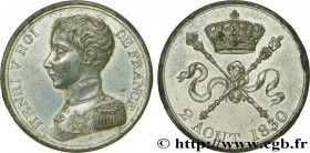 HENRY V COUNT OF CHAMBORD
Type : Module de 5 francs pour l’avènement d’Henri V 
Date : 1830 
Quantity minted : --- 
Metal : tin 
Diameter : 37,28  mm
...