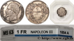 SECOND EMPIRE
Type : 1 franc Napoléon III, tête nue 
Date : 1854 
Mint name / Town : Paris 
Quantity minted : 763557 
Metal : silver 
Millesimal finen...