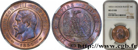 SECOND EMPIRE
Type : Dix centimes Napoléon III, tête nue 
Date : 1855 
Mint name / Town : Paris 
Quantity minted : 9.091.999 
Metal : bronze 
Diameter...