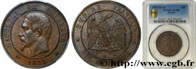 SECOND EMPIRE
Type : Dix centimes Napoléon III, tête nue 
Date : 1855 
Mint name / Town : Bordeaux 
Quantity minted : 8046364 
Metal : bronze 
Diamete...
