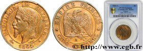 SECOND EMPIRE
Type : Cinq centimes Napoléon III, tête laurée 
Date : 1864 
Mint name / Town : Paris 
Quantity minted : 3053076 
Metal : bronze 
Diamet...