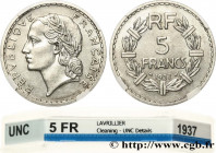 III REPUBLIC
Type : 5 francs Lavrillier, nickel 
Date : 1937 
Quantity minted : 1.925.844 
Metal : nickel 
Diameter : 31  mm
Orientation dies : 6  h.
...